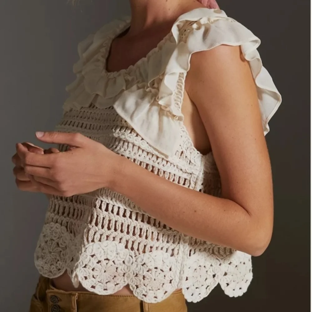 Anthropologie Ruffled Ivory Ruffled Crochet Top - Picture 2 of 10